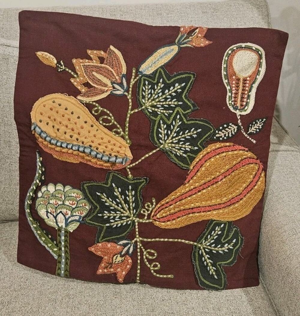 Pottery Barn Embroidered Jacobean Floral Pillow Cover 20x20 Burgundy...